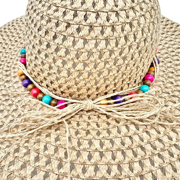 Wide Brim Straw Sun Hat With Multicolor Beaded Band One Size Lightweight Stylish - Picture 7 of 8